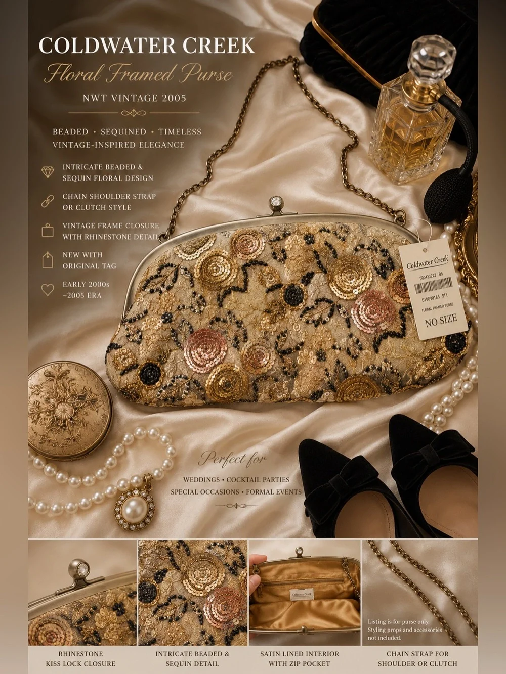 Coldwater Creek Floral  Purse NWT Beaded Sequin Chain Evening Bag 2005 Deadstock